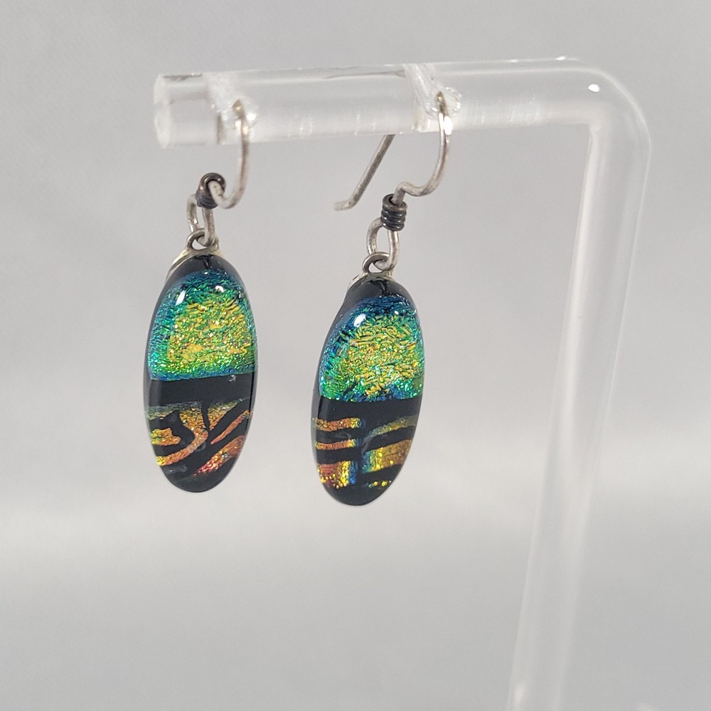 Dichroic Art Glass Earrings Women Multi Color Sterling Silver‎ Oval Drop Jewelry